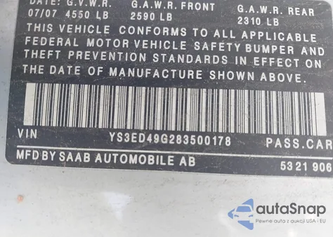 2008 Saab 9-5 2.3T z USA, uszkodzony, nr VIN YS3ED49G283500178